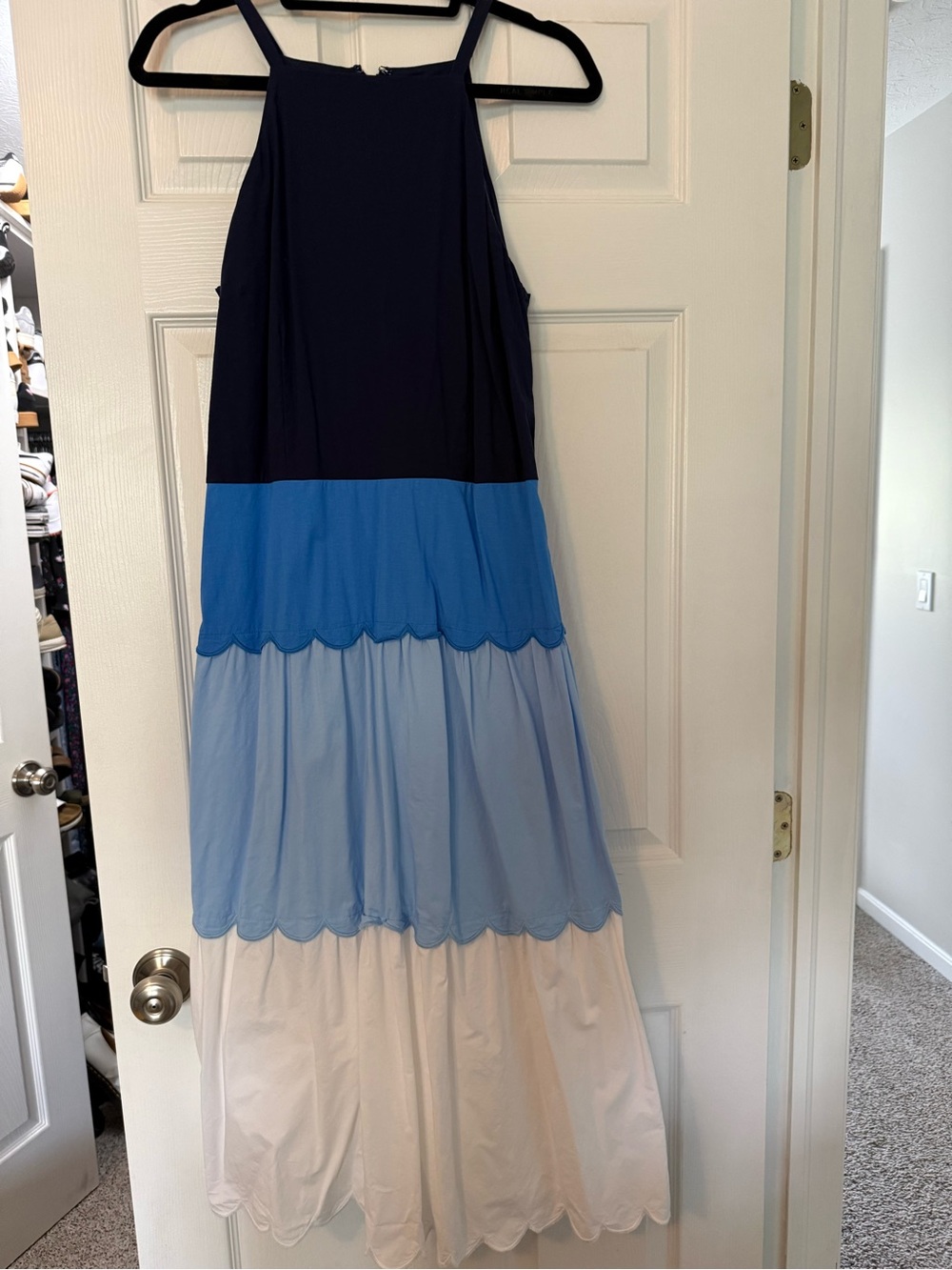 Ann Taylor Colorblock Tiered Maxi Skirt in Navy, Cobalt, Light Blue & White